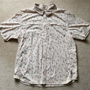 REI Co-op Shirt Mens Cream White Brown Short Sleeve Button Up Stretch Geometric
